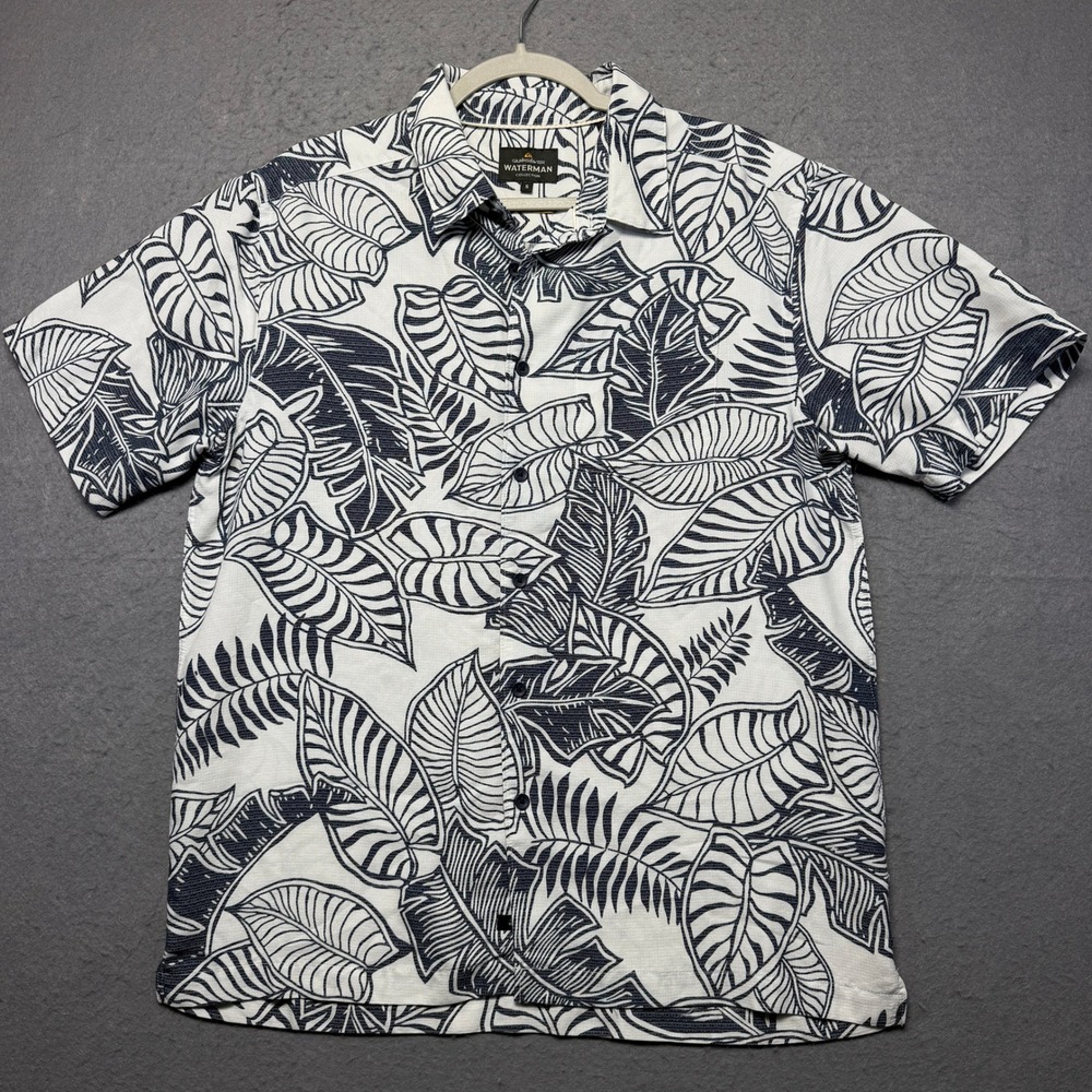 Quiksilver Waterman Mens Small Short Sleeve Button Down Tropical Leaf Shirt Navy